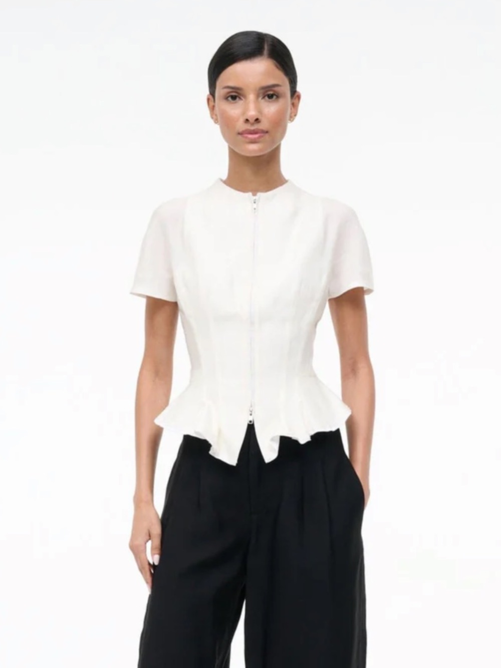 Staud Ivory Maelle Wool Zip Peplum Top